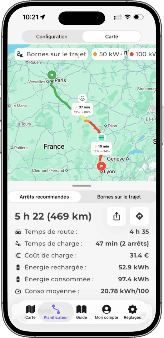 Interface du planificateur Paris → Lyon sur mobile